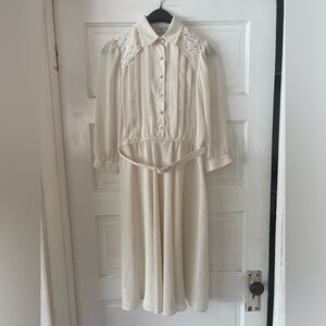 Leslie Fay Cream Long Sleeve Dress with Lace Accents